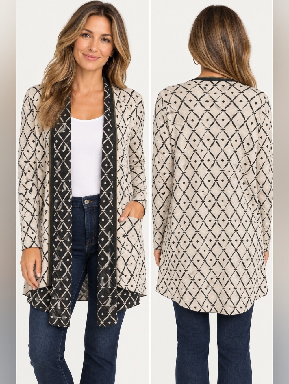 Belldini XL Geometric Open Front Long Cardigan Black Cream Boho Soft Draped